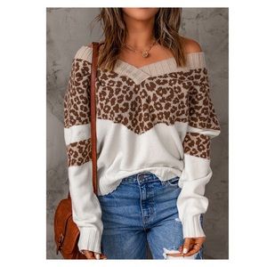 Leopard Color Block Off-Shoulder Sweater
